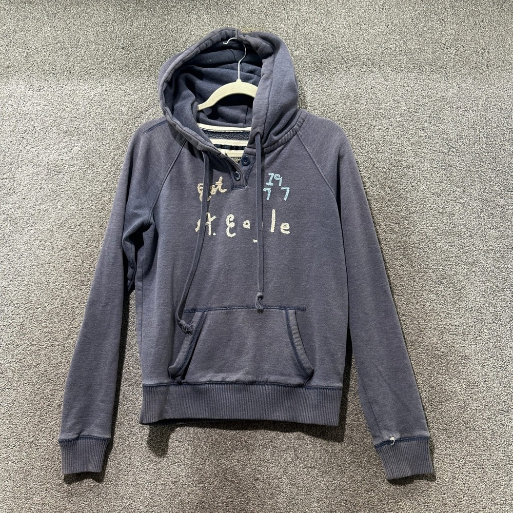 VTG Y2k American Eagle Hoodie Sweatshirt Womens Medium Blue Henley Embroidered